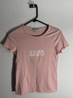 Allsaints Women’s XS Spell Out Rose Pink T Shirt Stretch Casual